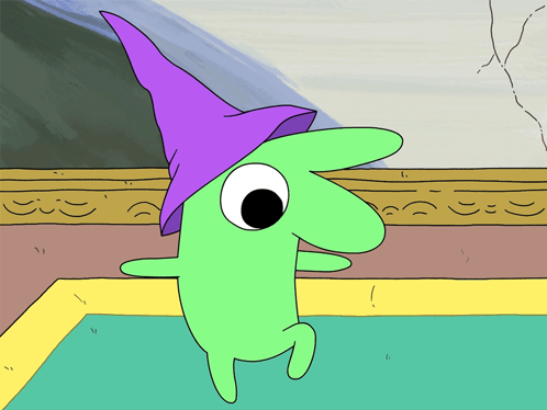 Green Cartoon Character With Purple Hat GIF