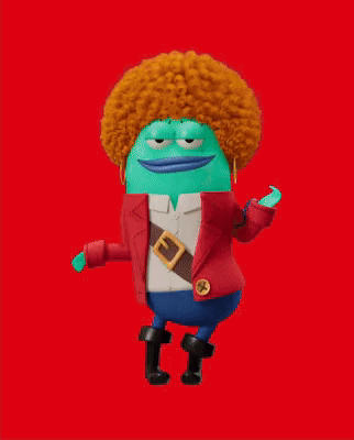 Green Cartoon Character with Red Curly Hair and Blue Mouth