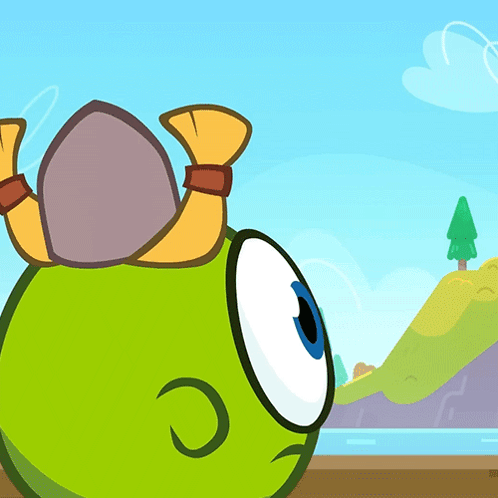 Green Cartoon Character With Sword on Head and Tree