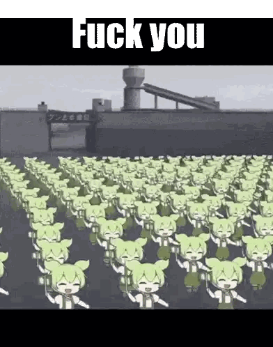 Green Cartoon Characters Marching With Fuck You