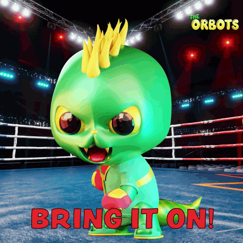 Green Cartoon In Boxing Ring Saying Bring It On GIF