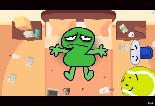 Green Cartoon Lying on Bed Next to Face Tennis Ball