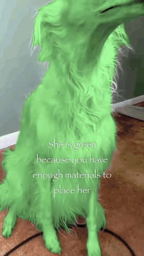 Green Dog Saying She Is Green Because You Have Enough Materials