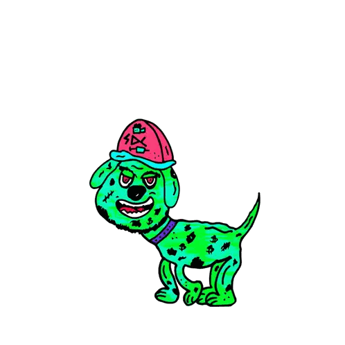 Green Dog Wearing Red X Hat