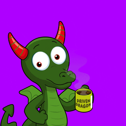 Green Dragon Drinking from Yellow Cup Saying Driven Dragon
