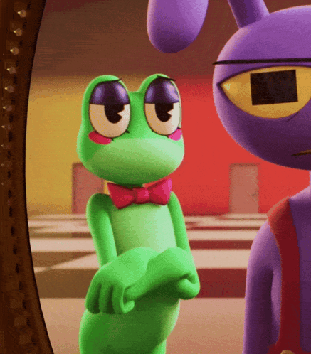 Green Frog and Purple Rabbit Looking at Each Other