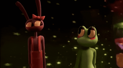 Green Frog and Red Bunny Standing Together