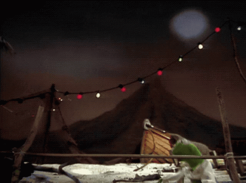 Green Frog In Front Of Mountain With String Lights GIF