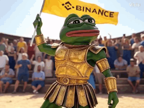 Green Frog In Gold Armor Holding Binance Flag GIF