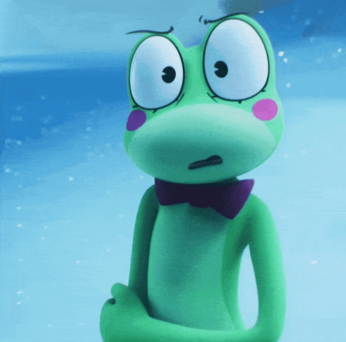 Green Frog in Purple Bow Tie Looking at Camera