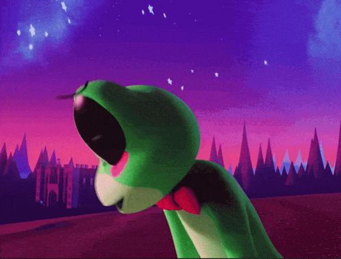 Green Frog in Red Bow Tie in Front of Castle