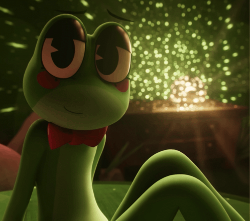 Green Frog in Red Bow Tie Sitting on Bed