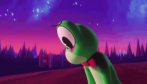 Green Frog in Sunglasses and Bow Tie Under Purple Sky