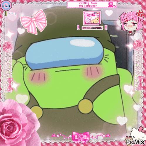 Green Frog Surrounded By Pink Roses And Hearts Saying Rotting From My Computer GIF