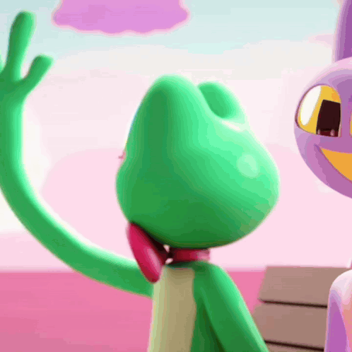 Green Frog Talking on Pink Phone Next to Purple Frog