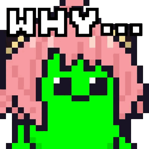 Green Frog with Pink Hair Saying Why