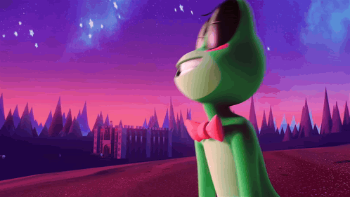 Green Frog With Red Bow Tie Under Purple Sky