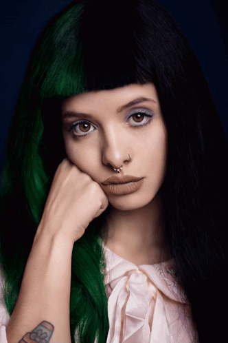 Green Hair Woman With Nose Ring Thinking