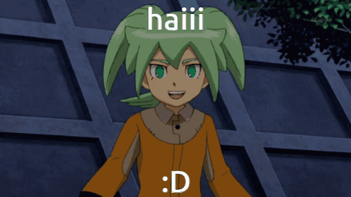 Green Haired Anime Character With HAIii on Head