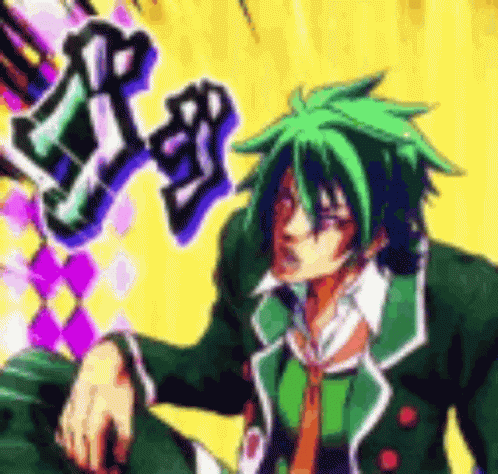 Green Haired Cartoon Character Sitting In Green Jacket GIF