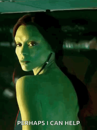 Green Haired Woman in Car Saying Perhaps I Can Help