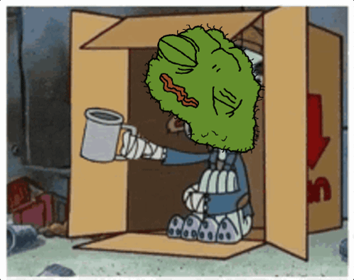 Green Head Cartoon Character Sitting in Box Holding Mug