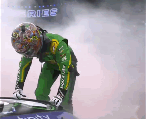 Green-Jacketed Man With Helmet Beside Car Saying Ries