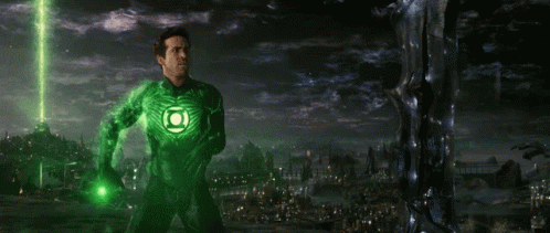 Green Lantern Costume Standing in Front of City