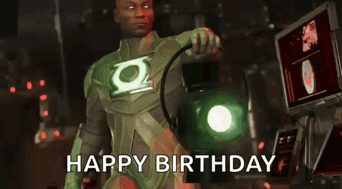 Green Lantern Costumed Man Holding Lantern Says Happy Birthday GIF