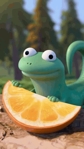 Green Lizard Holding Orange Slice