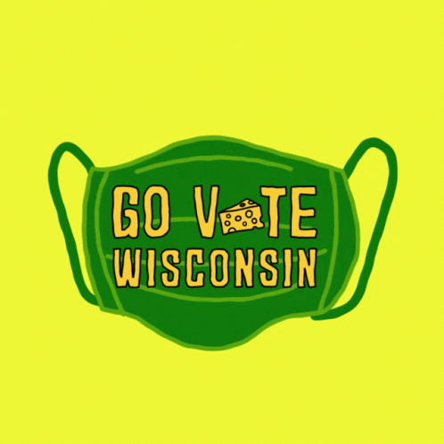 Green Mask Saying Go Vote Wisconsin on Yellow Background