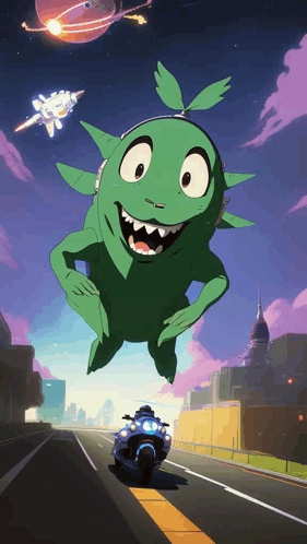 Green Monster Flying Over City GIF