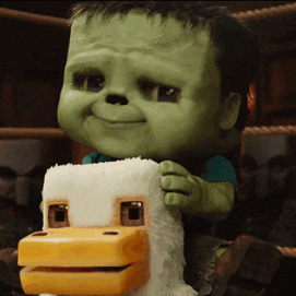 Green Monster Holding Stuffed Duck GIF