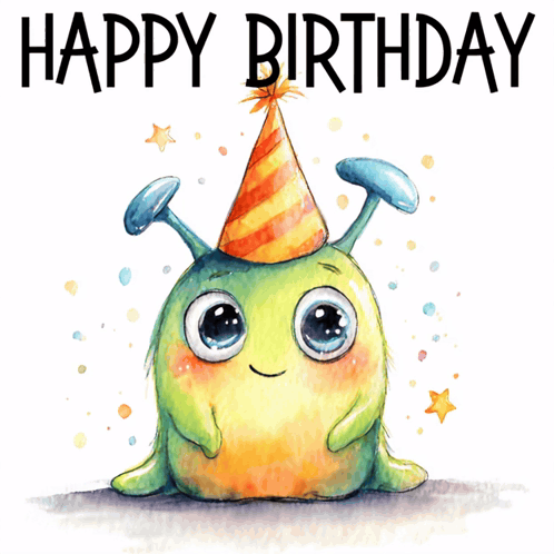 Green Monster in Party Hat Saying Happy Birthday