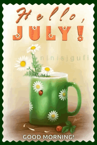 Green Mug With Daisies And Ladybug Saying Hello July
