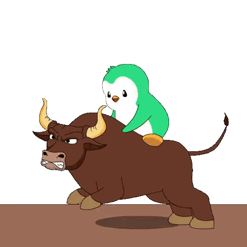Green Penguin Riding Brown Bull