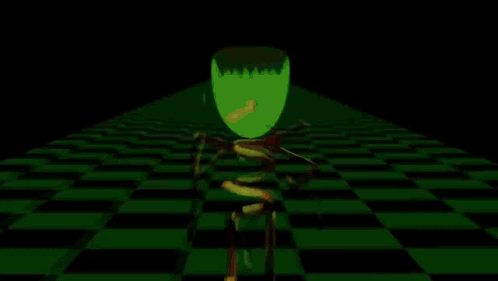 Green Skeleton Walking Down Striped Staircase GIF