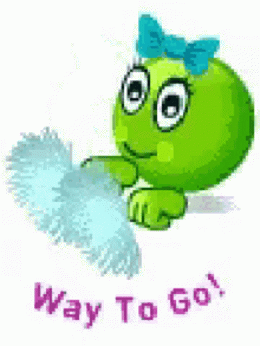 Green Smiley With Blue Bow Holding Blue Pom Pom GIF