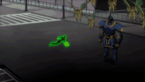 Green Superhero Attacked by Monsters