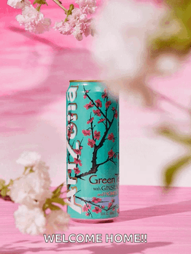 Green Tea Can With Cherry Blossoms GIF