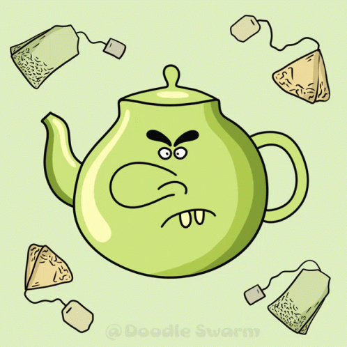 Green Teapot With Angry Face And Tea Bags GIF