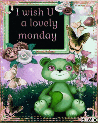 Green Teddy Bear Surrounded by Butterflies and Flowers