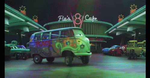 Green Van Parked At Fla's 8 Cafe GIF