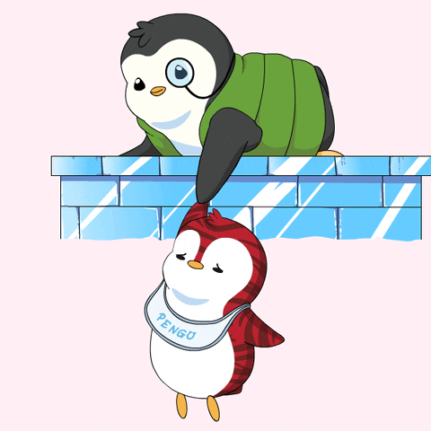 Green Vest Penguin Next to White Bib Penguin Saying Pengu