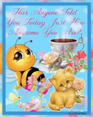 Greeting Card With Bee Cat And Coffee GIF