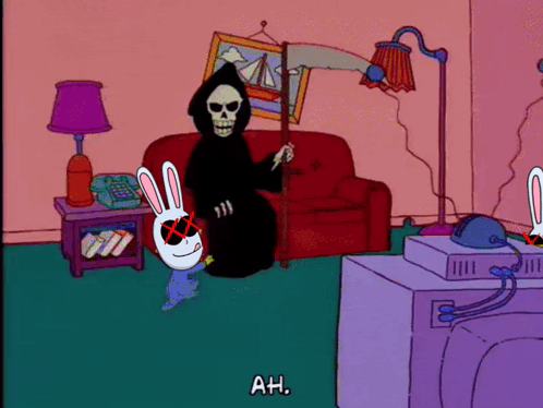 Grim Reaper Holding Dead Rabbit in Living Room