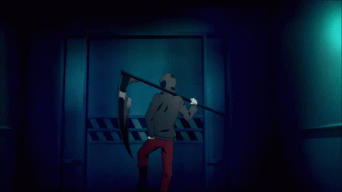 Grim Reaper Holding Scythe Against Blue Wall