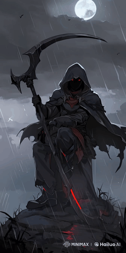 Grim Reaper with Red Eyes Holding Scythe and Sword