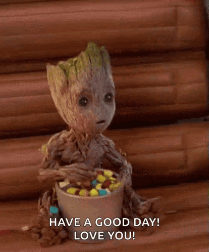Groot Sitting Next To Candy Saying Love You GIF