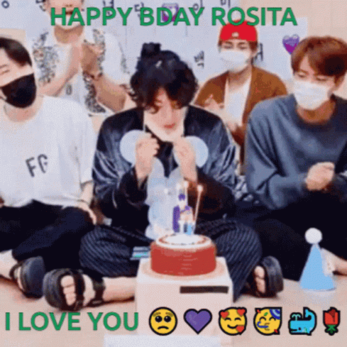 Group Around Birthday Cake Saying Happy Bday Rosita I Love You
